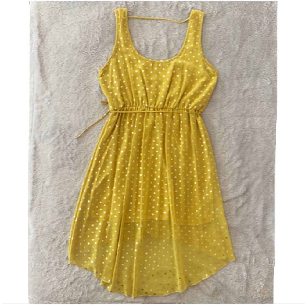 CHIC SUNDRESS Coveted Saffron & Gold Metallic Polka Dot Chiffon High-Low Dress L - Picture 3 of 10